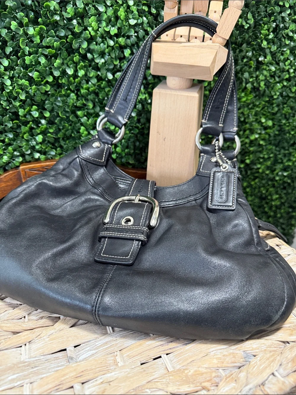 Coach SoHo Lynn Black Leather Shoulder Bag with Buckle Detail